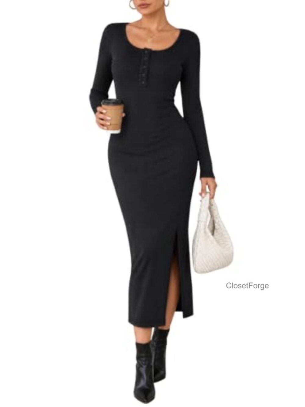 Lazysmile Women's Long Sleeve Bodycon Maxi Dress Knit Side Slit